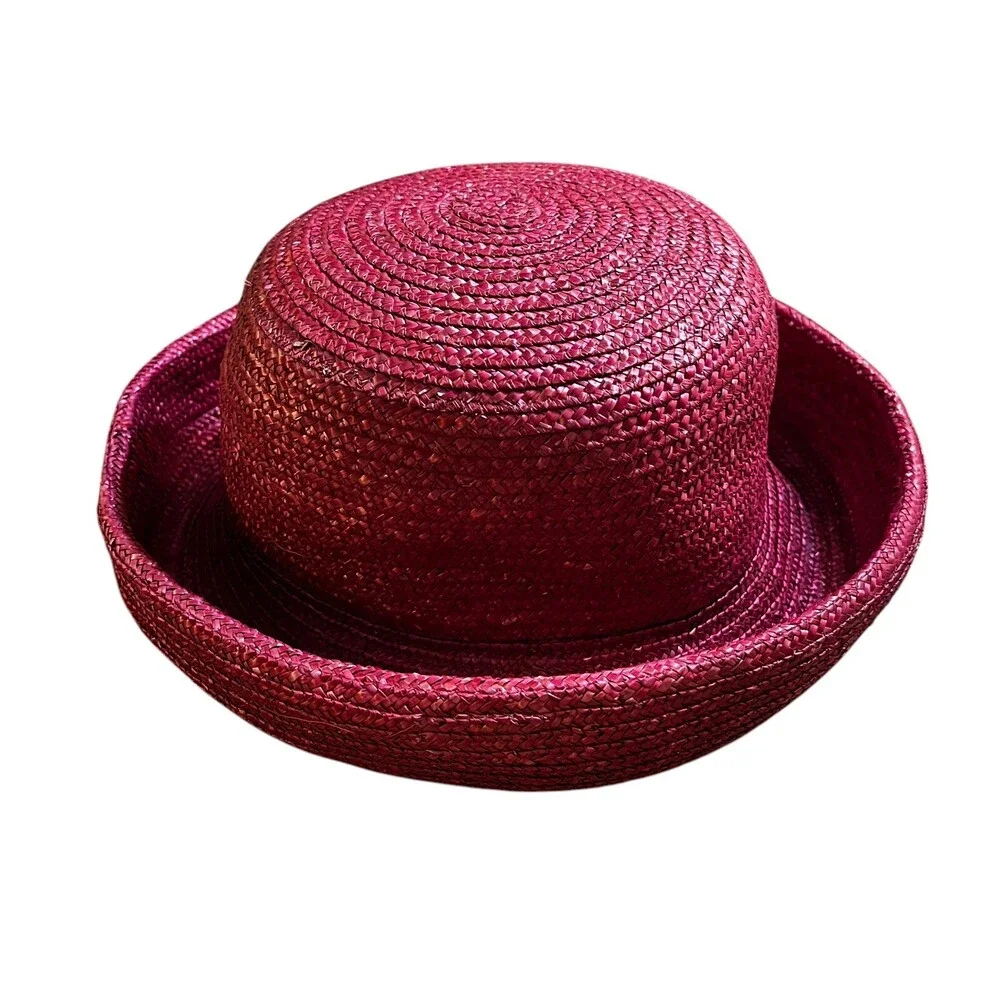 VTG Laura Ashley Italy Cloche Summer Rolled Brim 90s Red Pink Raffia Straw Hat